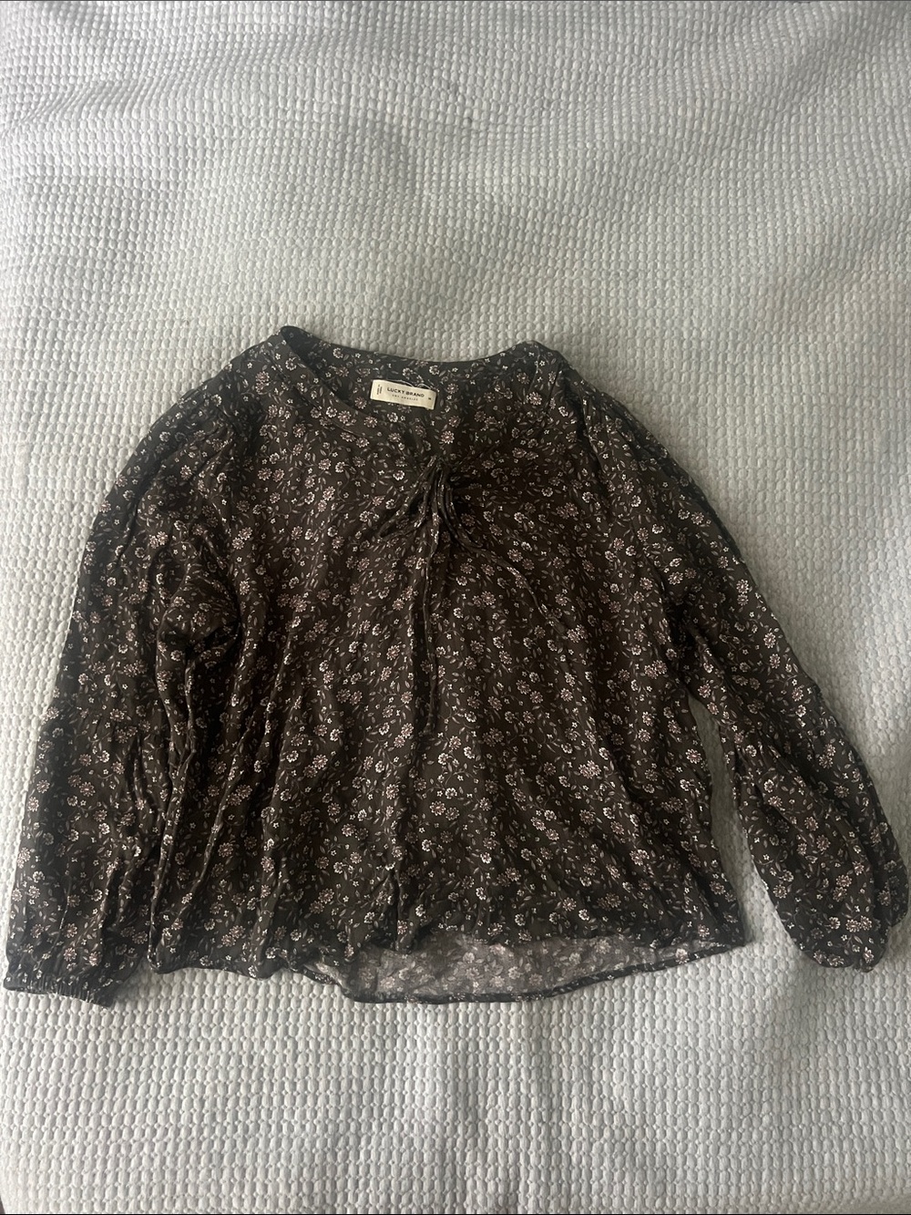 Lucky Brand Black Floral Tie-Neck Peasant Blouse